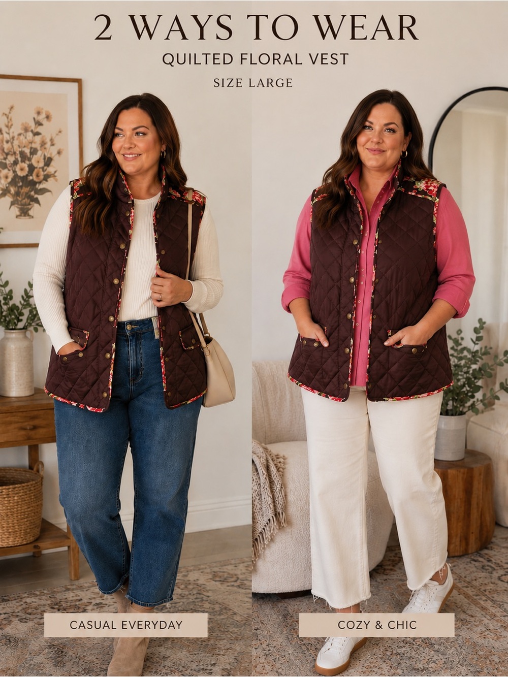 Matilda Jane Quilted Floral Vest in Deep Brown with Pink Trim